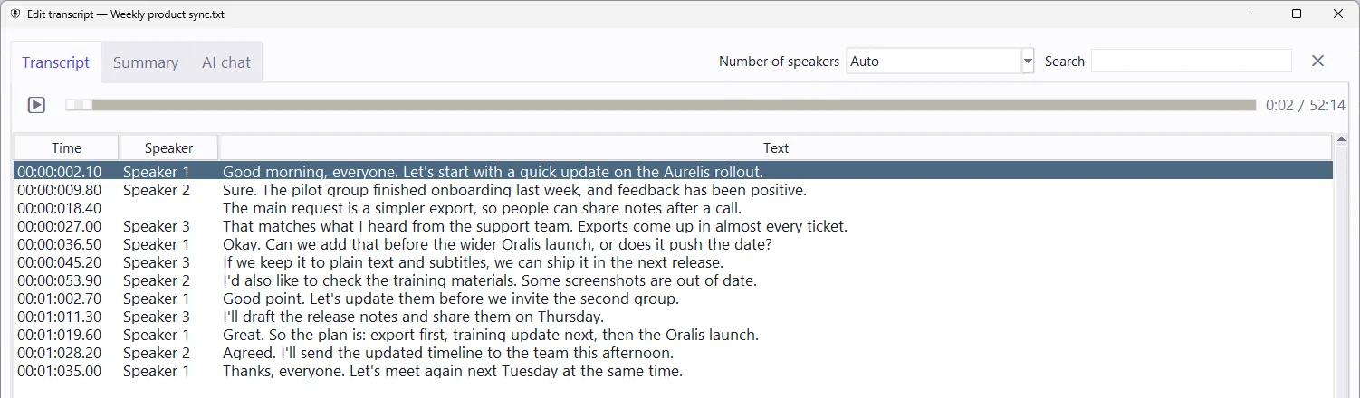 Transcript editor with timestamps and speaker labels; the first line, corrected from Oralis to Aurelis, is selected