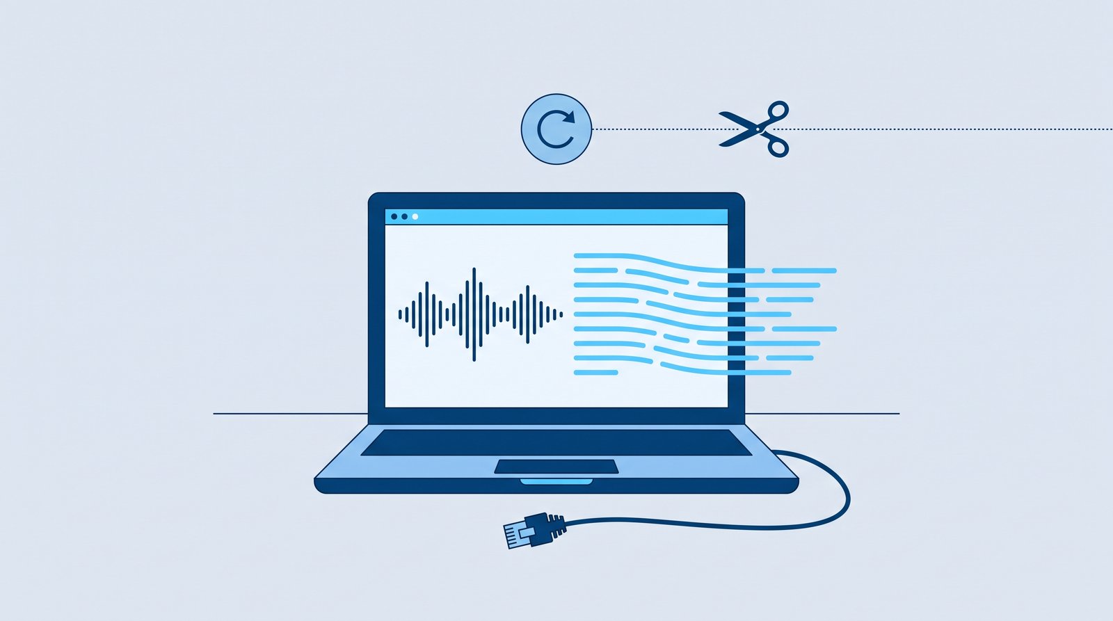 ネットワークケーブルが抜かれていても文字起こしが動き続け、更新の確認だけが点線で外につながり、その線も切れることを示す図