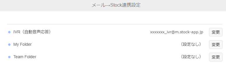 Stockの「メール→Stock連携設定」画面。フォルダごとに取り込み用のメールアドレスが表示されている