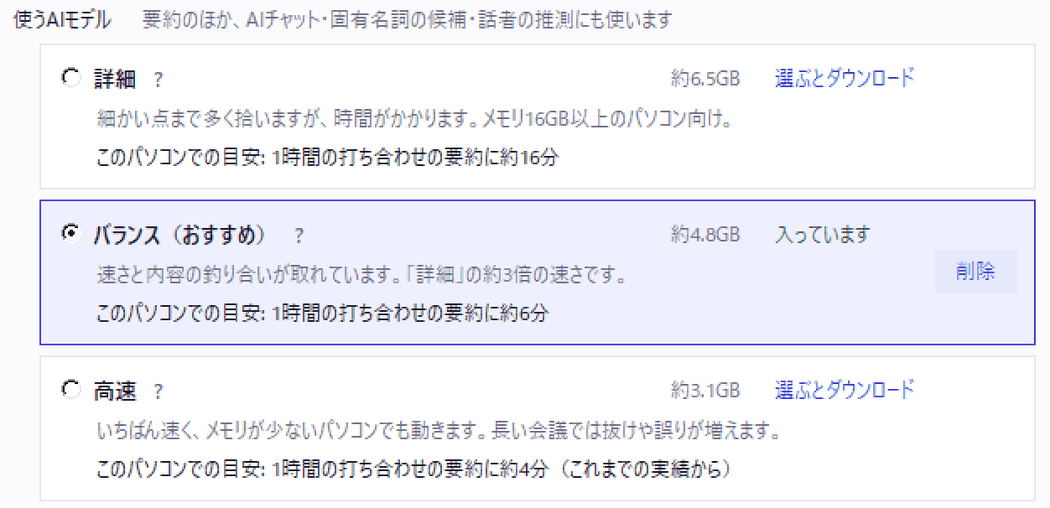 環境設定の「要約」タブの「使うAIモデル」。詳細・バランス（おすすめ）・高速の3つが枠で並び、それぞれに大きさ、入っているか（入っています／選ぶとダウンロード）、説明、「このパソコンでの目安: 1時間の打ち合わせの要約に約16分・約6分・約4分」（高速には「これまでの実績から」も）が表示されている。使っているバランスの枠に色が付き、「削除」ボタンがある